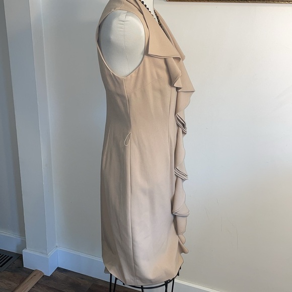 Anthropologie Calvin Klein Tan Ruffle Front Sleeveless Midi Dress.   Size 10. - Picture 7 of 13